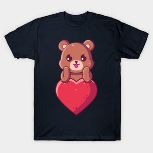 Cute Brown Bear with big love. Gift for valentine's day with cute animal character illustration. T-Shirt